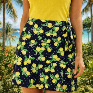 TALBOTS Navy with Lemon Print Skirt Sz 16W Stretch Knit invisible Side Zip
